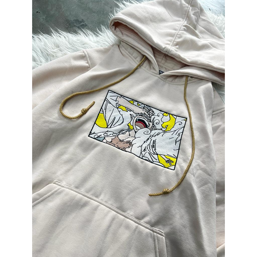 Hoodie Luffy God Nika Embroidery Cream Anime Manga One Piece Premium Unisex