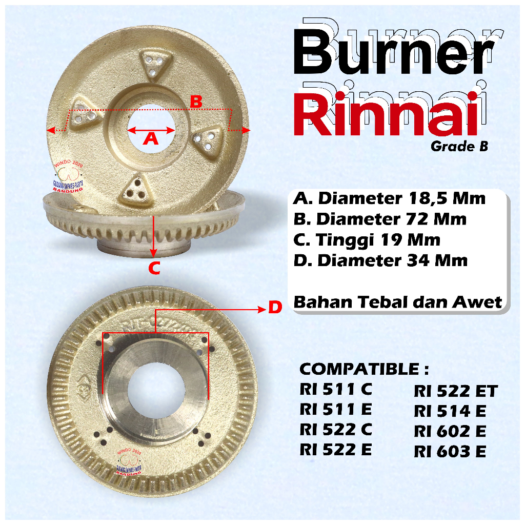 BURNER RINNAI | BARNER KUNINGAN RING RINAI | KOMPOR RINNAI ORIGINAL TIPE 511 , 522 , 514 , 602, 603 etc