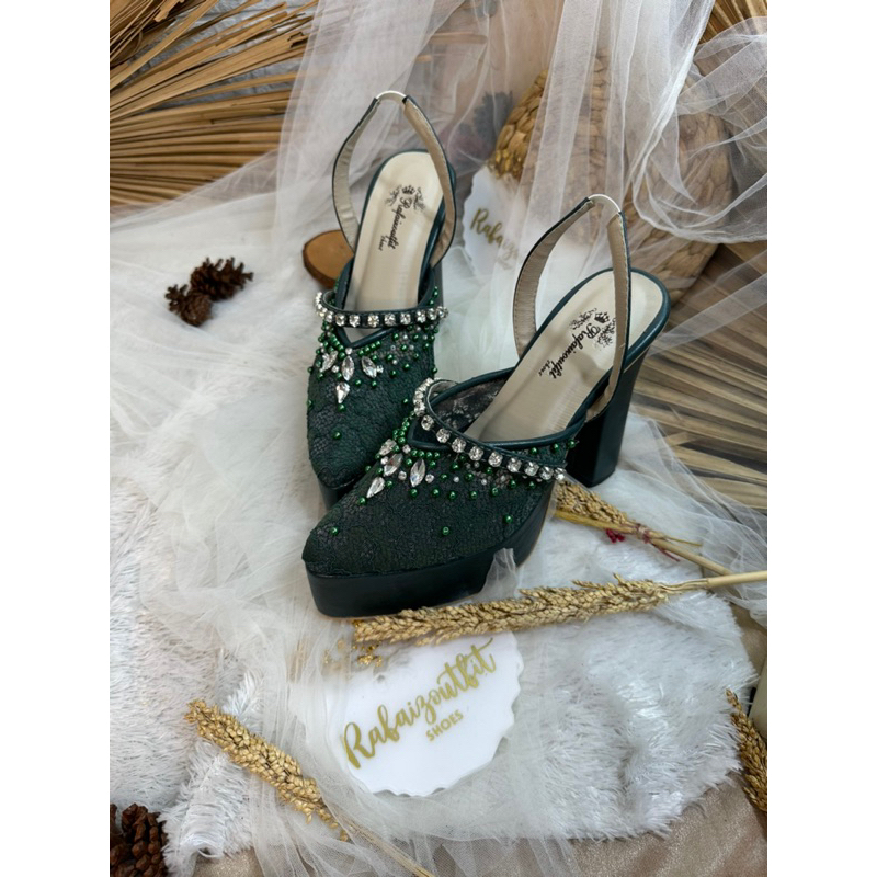 sepatu wanita wedding hijau botol diamont tali platform 12cm