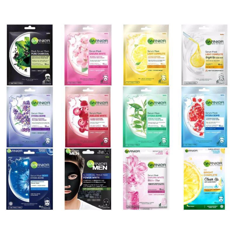 Garnier Sheet Mask Original  - Masker Wajah Original BPOM COD Sakura Glow Hyaluron , Bright Complete , Two Steps 2x Power Mask , Hydra Bomb , Men , Bright , Eye