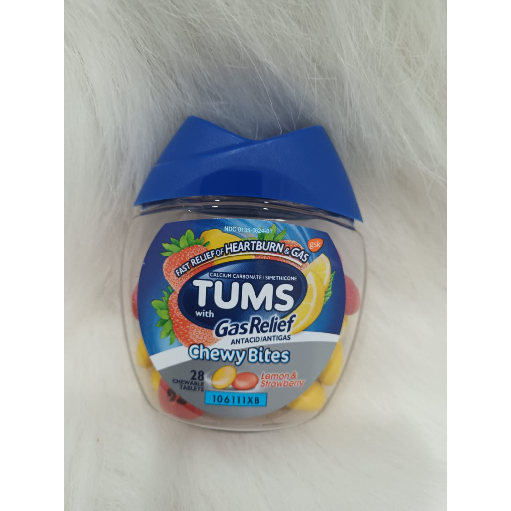 TUMS Chewy Bites Chewable Antacid Tablets with Gas Relief, Lemon &amp; Strawberry - 28 Count