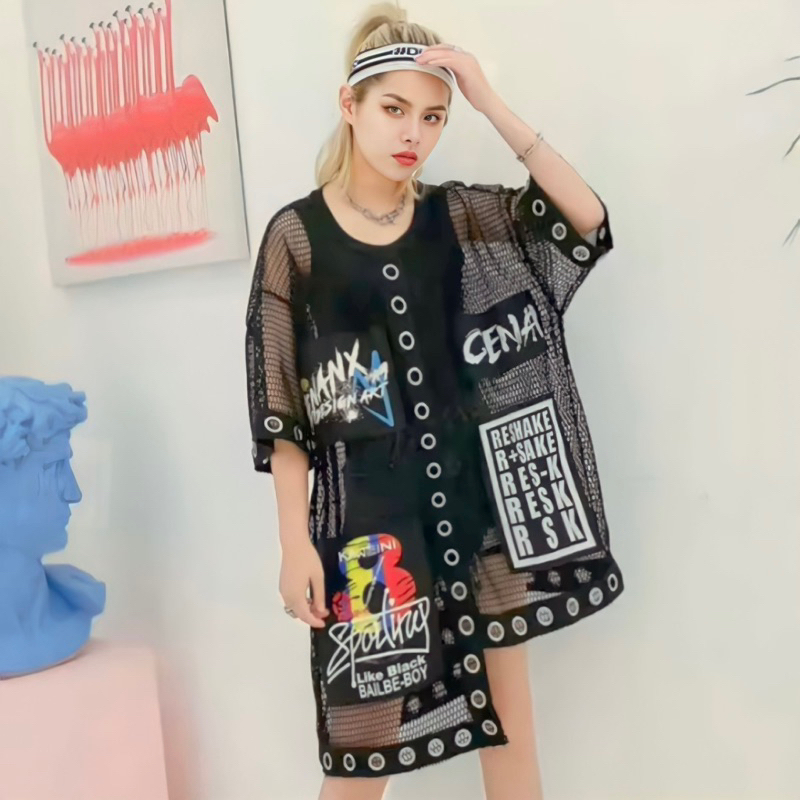 Harajuku Outer Jaring korean / transparant outer / korean style top blouse / jala top