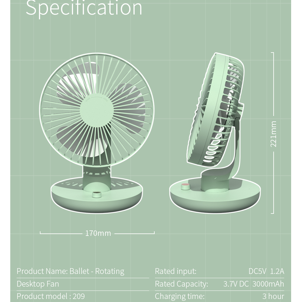 Kipas Angin Meja Desk Fan Swing Automatic USB Charge 3000mAh - 209