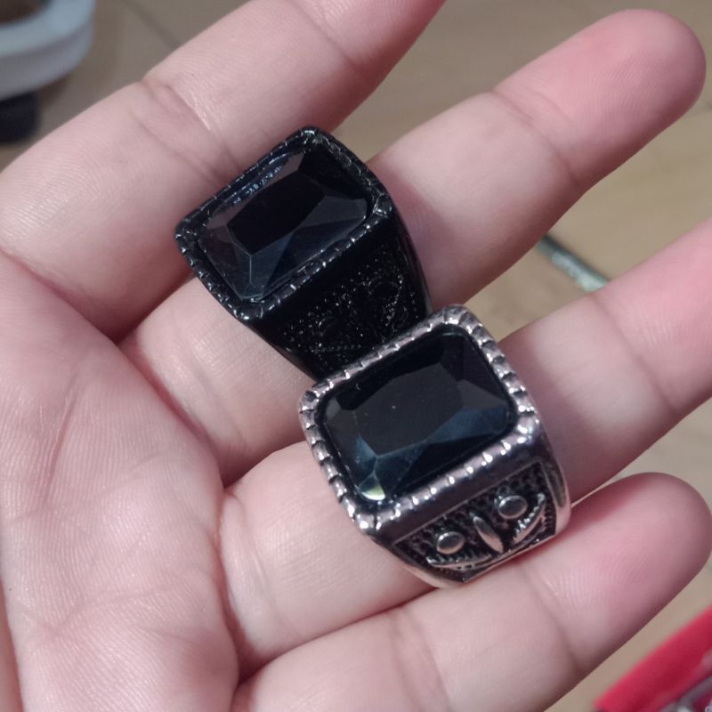 Cincin Batu Akik Black Onyx Kotak Ring Titanium Tebel Istimewa