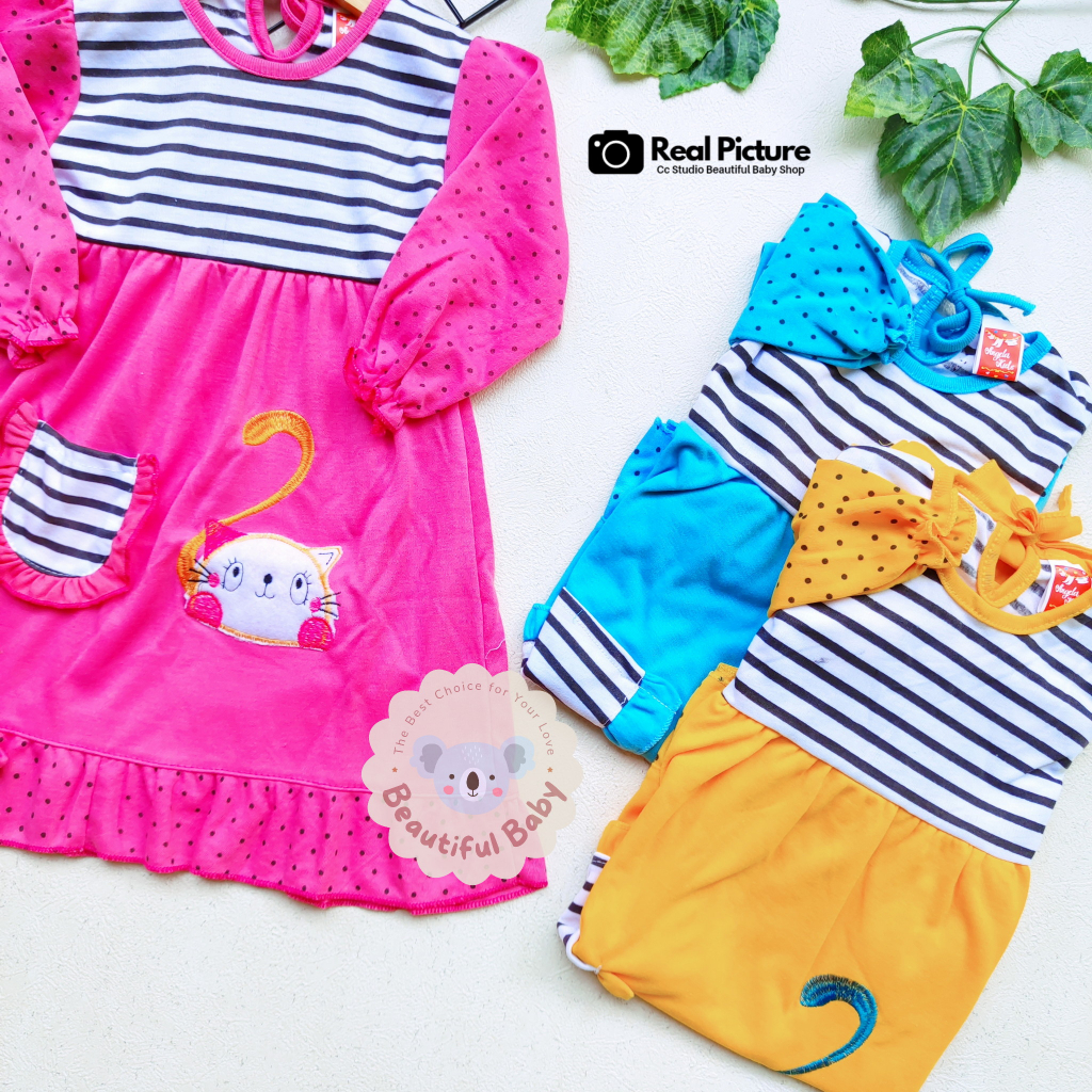 Baby.ou - Setelan Baju Bayi Muslim Perempuan 3-12 Bulan Motif Kucing / Set Hijab Bayi / Kerudung Bayi / Gamis Bayi Perempuan