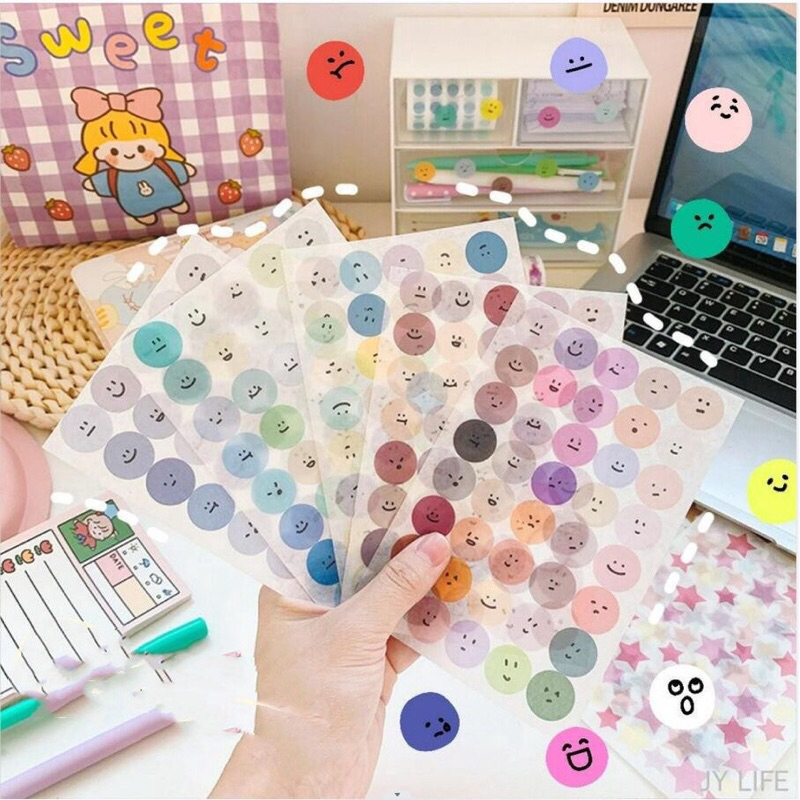 

240pcs sticker dots round bulat emoji emoticon washi tape paper 1.5cm wall deco planner scrapbook