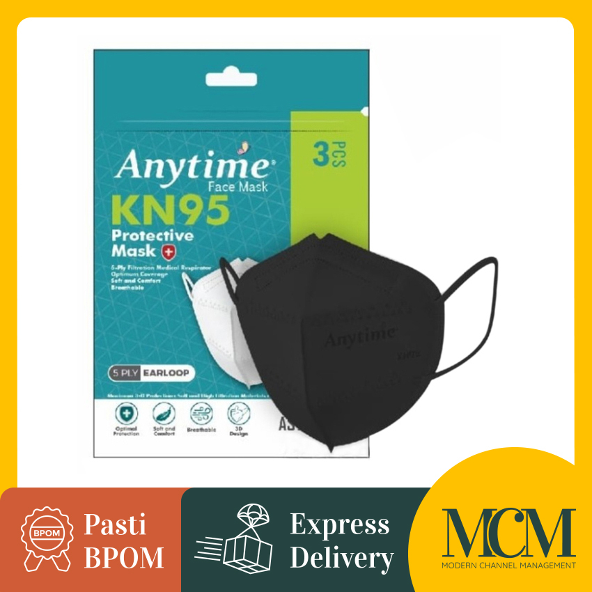 Masker Medis Anytime KN95 Protective Mask 5 Ply Earloop Black - 3 Pcs