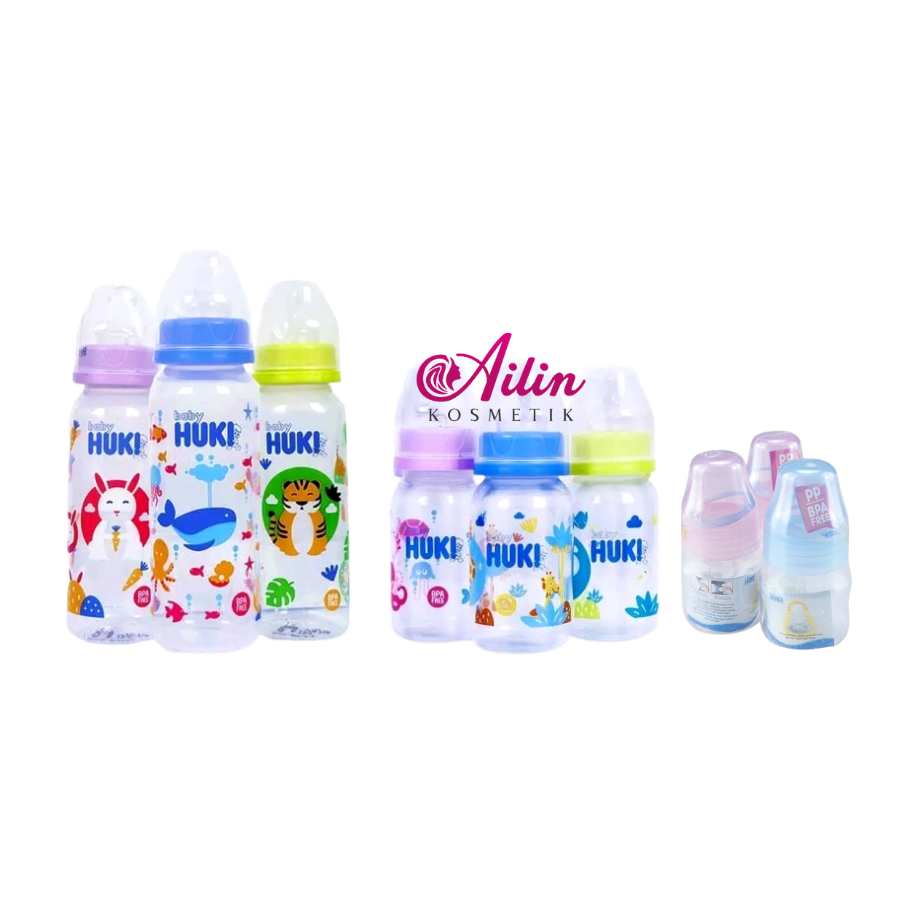 HUKI Botol Susu Dot Gepeng Nipple Silikon HALAL ORIGINAL / Botol Susu Bayi 60ml 120ml 240ml by AILIN