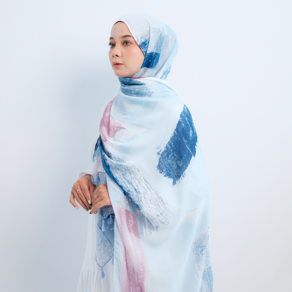 ITSFRIDAY OCEAN BLUE Scarf - Premium Pashmina Shawl Selendang Syal Pasmina Hijab Import Motif Etnik Sea Blue Tassel