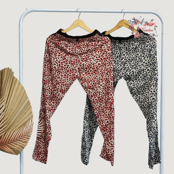 Celana Panjang Wanita Motif Leopard / Tutul Bahan Rayon Pant Wanita Slim Fit Kombinasi Renda High Waist Kasual Kekinian Fit L