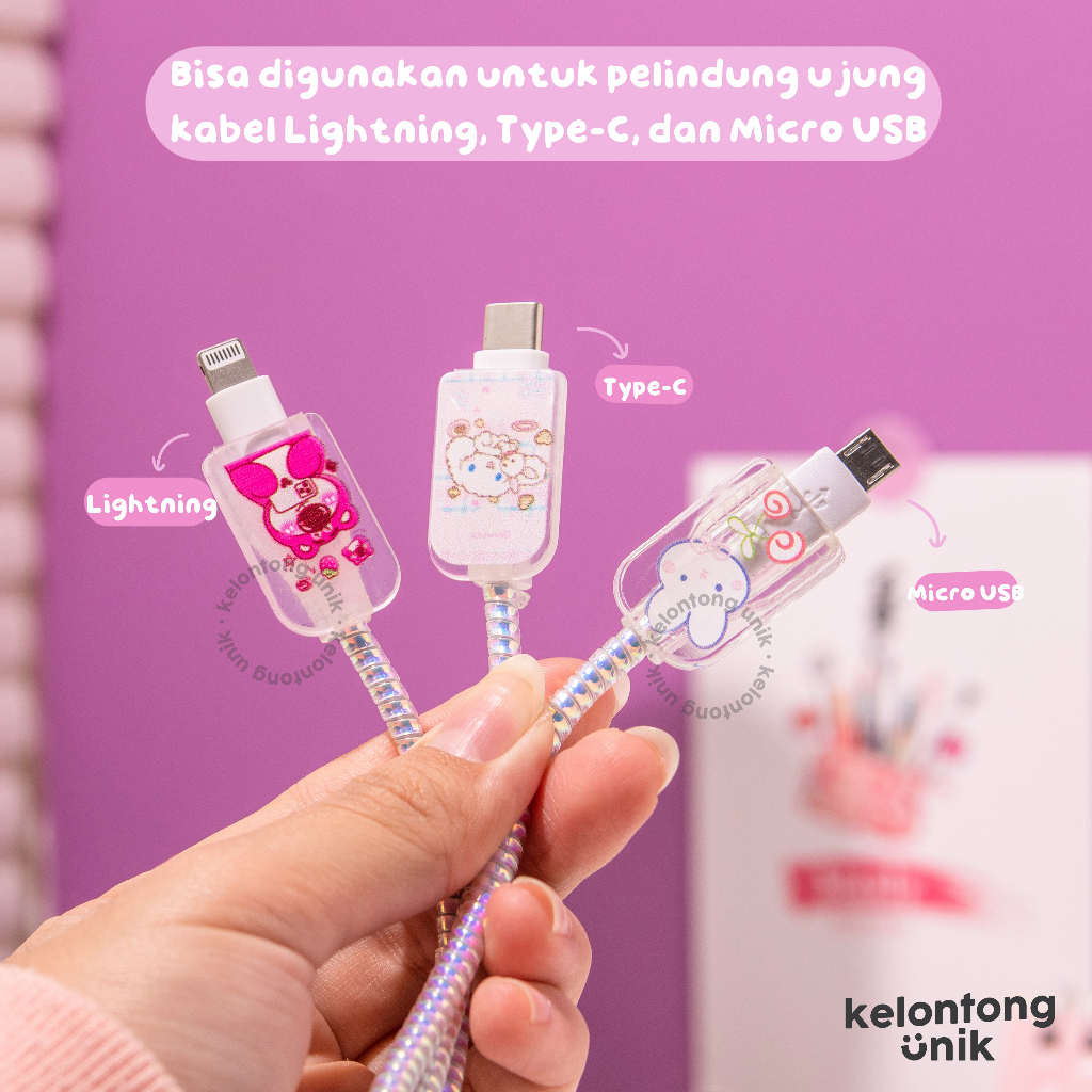 Android &amp; iPhone - Set 5 pcs Paket Cover Pelindung Kepala &amp; Kabel Charger Spiral | CLEAR