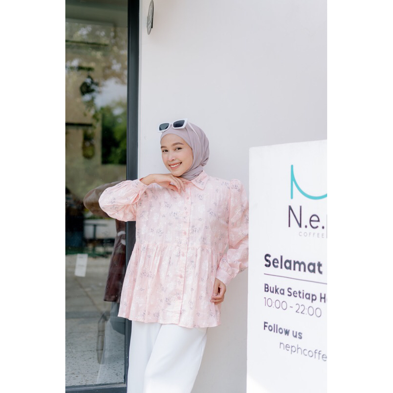 Claudia Flower Blouse |  Atasan kemeja premium emboss korea bkk kerja kantor