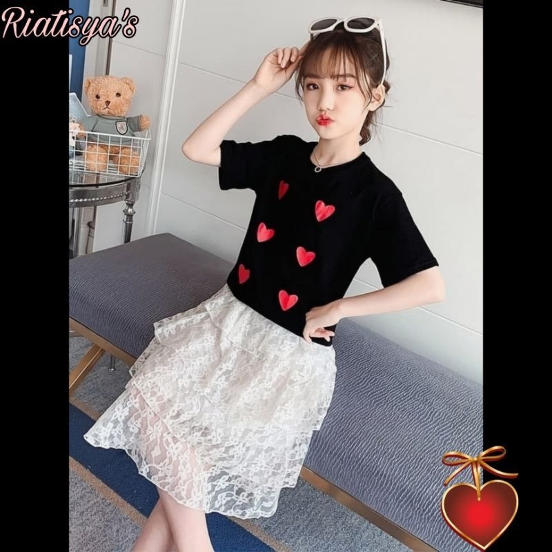 Baju Kaos Setelan Rok Brukat Anak Perempuan Import
