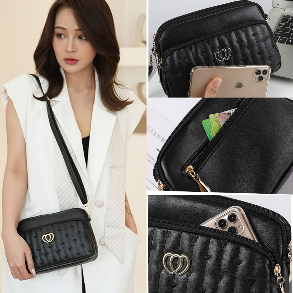 TAS SELEMPANG WANITA IMPORT REMAJA KEKINIAN KOREA KULIT HITAM SLING BAG SHOULDER CEWEK BRANDED BATAM MURAH FASHION TERBARU TA781B5 LESTER BAHU ORI