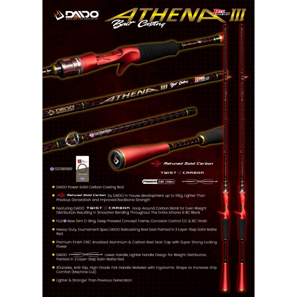 Joran Pancing Daido Athena III 3 165cm - 180cm SP/BC Pro Series Fuji (6kg - 15kg) Carbon Solid - Engkus Fishing