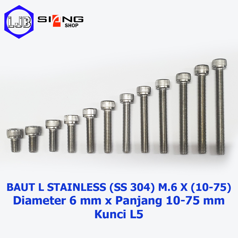 Baut L M6 stainless 304 THE A2-70 Panjang 10 sd 75mm