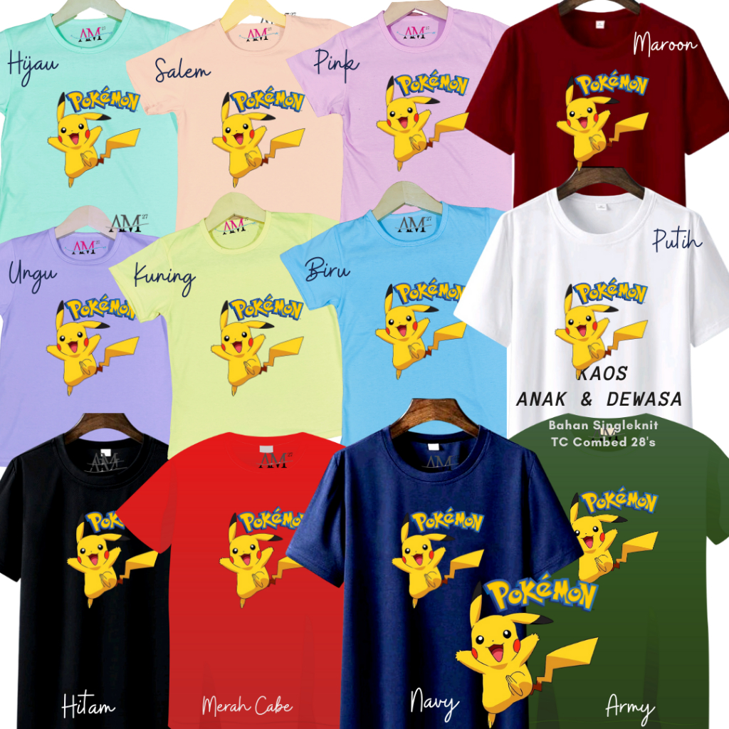 Kaos Anak Cowok 3-12 tahun - Remaja - Dewasa Jumbo Poke Mon Pika Chu