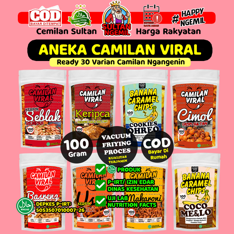 

✅(HALAL, PIRT, TERMURAH) 100 GRAM - ANEKA CEMILAN PEDAS, ANEKA CEMILAN MANIS, ANEKA CAMILAN, BASRENG STIK, KERIPIK PISANG COKLAT, KERIPIK KACA, CIMOL KRISPI, KERIPIK USUS, KERUPUK SEBLAK, MAKARONI PEDAS DAUN JERUK