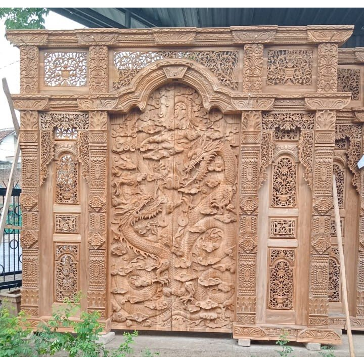 pintu ukir jepara rumah klasik motif naga ukuran 3 meter sampar putus