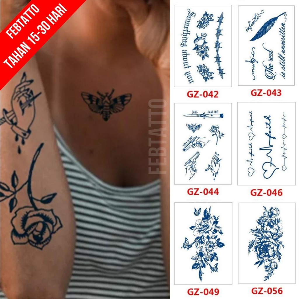 FRUIT INK Tato Semi Pemanent Tahan 1 Bulan Ukuran 11cmx18cm Tato Lengan Tato Dada Tato tangan Tato Kaki Tato Punggung Tato Jari  Motif Aesthetic Tatto Temporary Stiker Tato Halal Grosir Tato air motif tulisan, senjata, love, bunga GZ 044