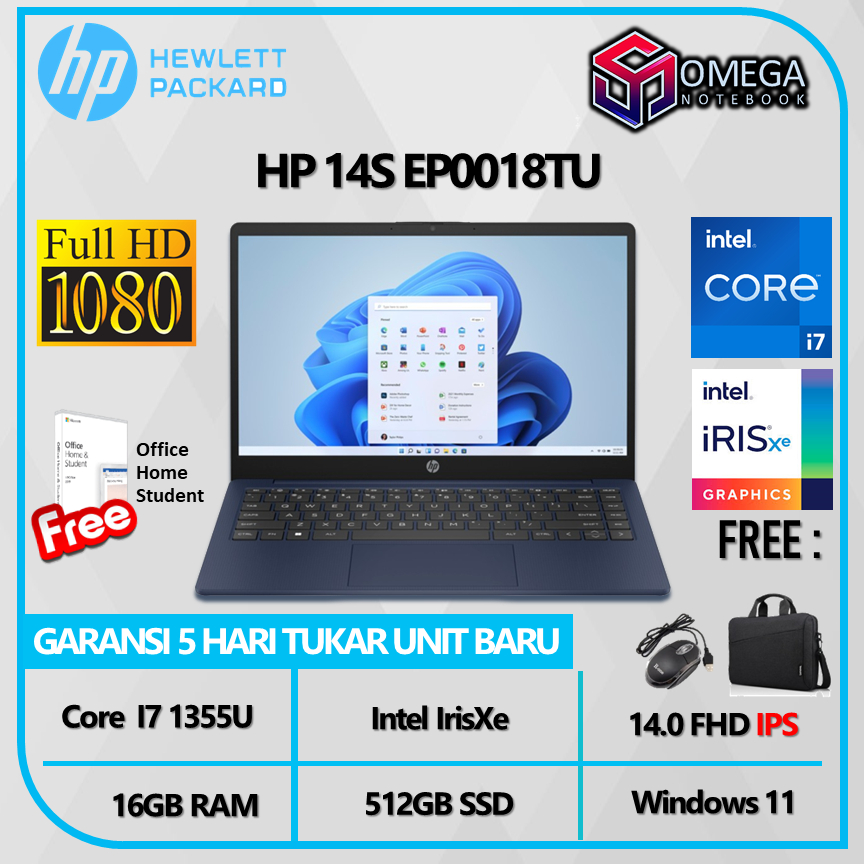 HP 14s EP0018TU I7 1355U 16Gb 512ssd Windows 11+ OHS 14.0 FHD IPS