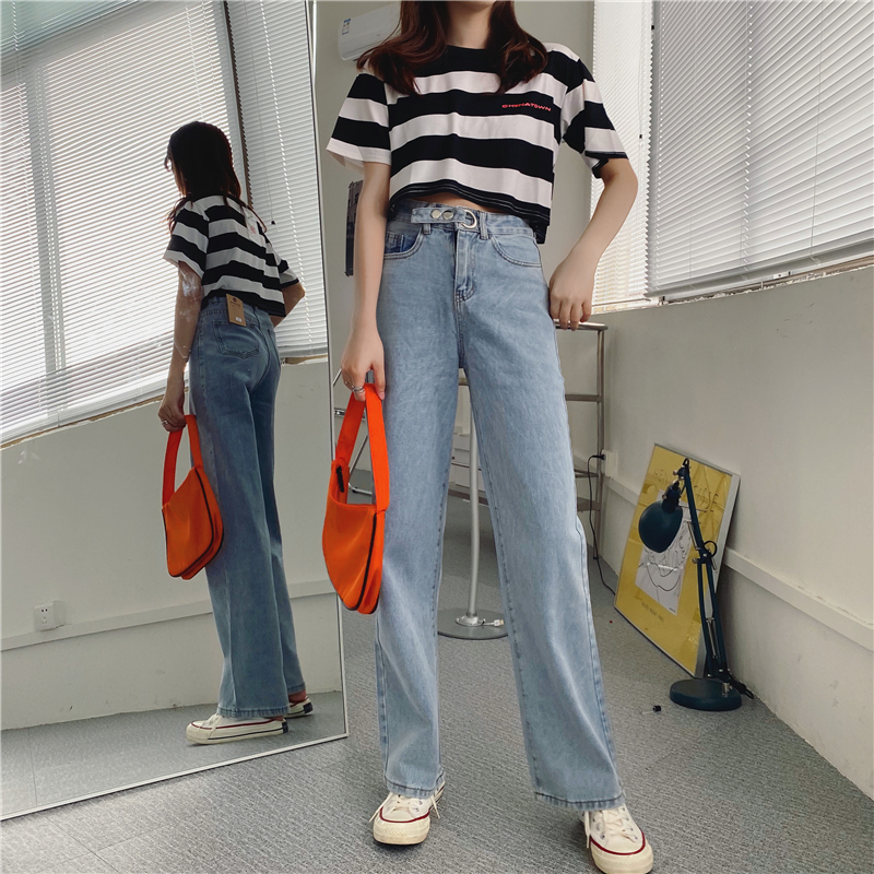 Celana Jeans jeans high waist wanita korea style Retro celana kasual loose abu-abu gelap/biru