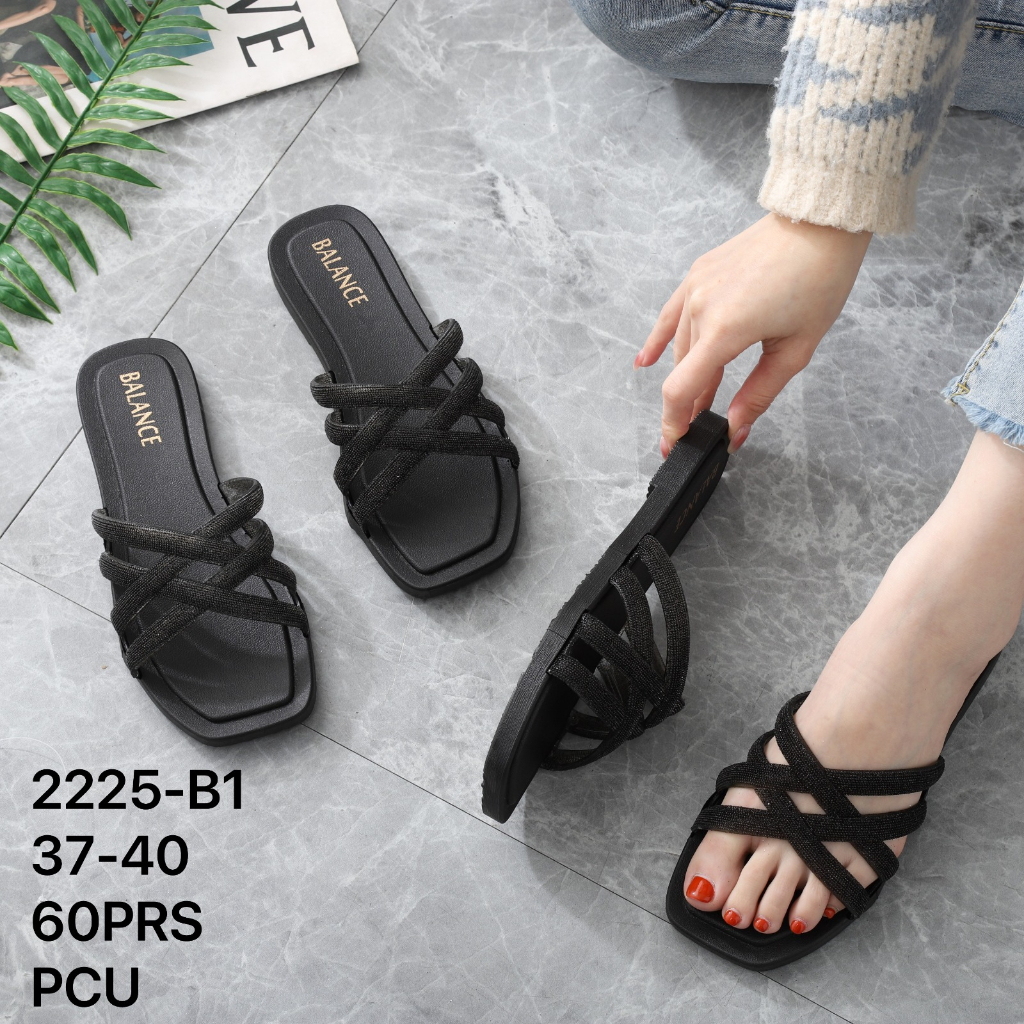 Sandal Wanita Selop Tali Silang Glitter Balance Import