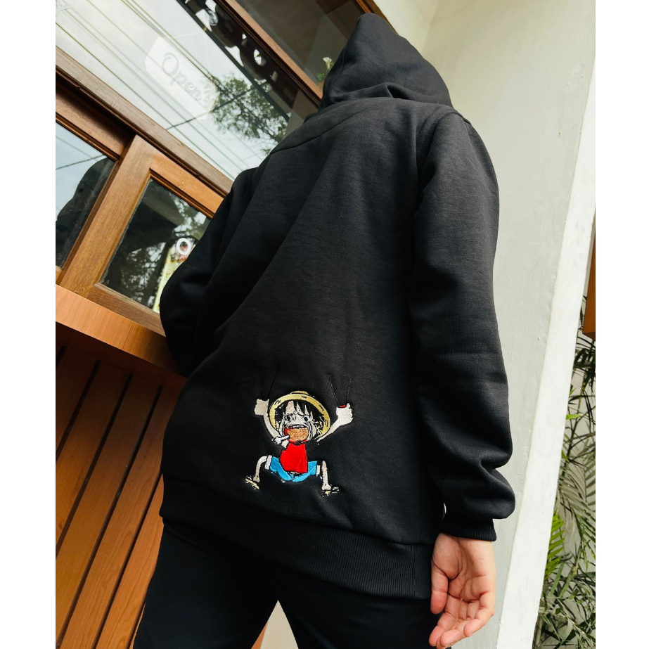 Hoodie Luffy Meat Embroidery Black Anime Manga One Piece Premium Unisex