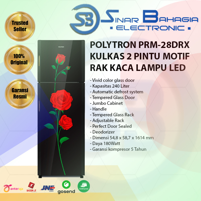 POLYTRON PRM-28DRX KULKAS 2 PINTU MOTIF RAK KACA LAMPU LED (NEW) (KHUSUS BANDUNG)