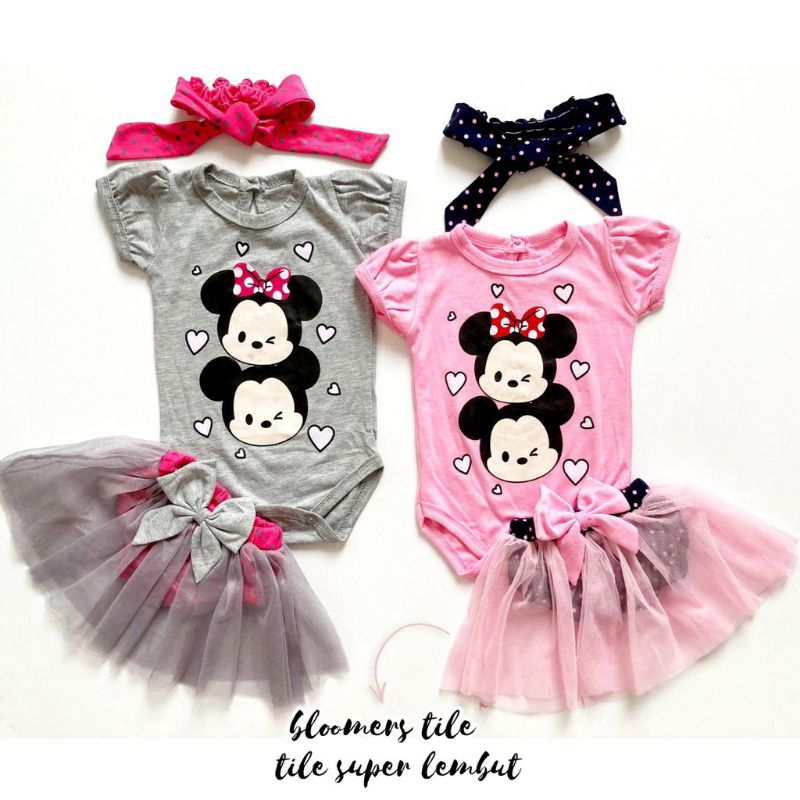 [0-18 bln] BAJU SETELAN BAYI PEREMPUAN 3in1 JUMPER ROK TUTU BANDANA TSUM TSUM 0 3 6 12 18 bulan / HAMPERS KADO LAHIRAN BAYI CEWEK