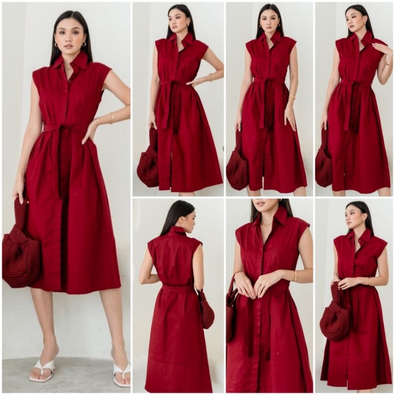 ♡ PREMIUM ♡ ORIGINAL ! SHELMA COLLAR BUTTON TIED LESS SLEEVE MIDI DRESS ( BUSUI FRIENDLY )