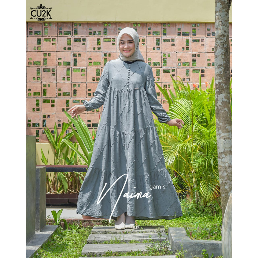 Gamis Naima Mewah Elegan Gaun Terbaru Polos Simple dan Modis Fashion Muslimah Ootd Hijab Dress Lebaran Wanita Sage
