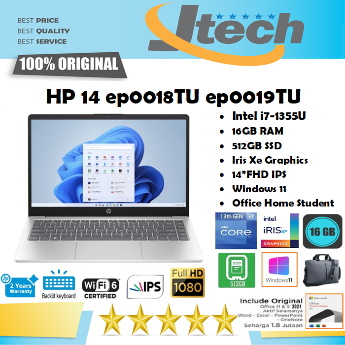 HP 14 ep0018TU ep0019TU - i7-1355U 16GB 512GB SSD Iris XE 14&quot;FHD IPS W11 OFFICE HOME STUDENT