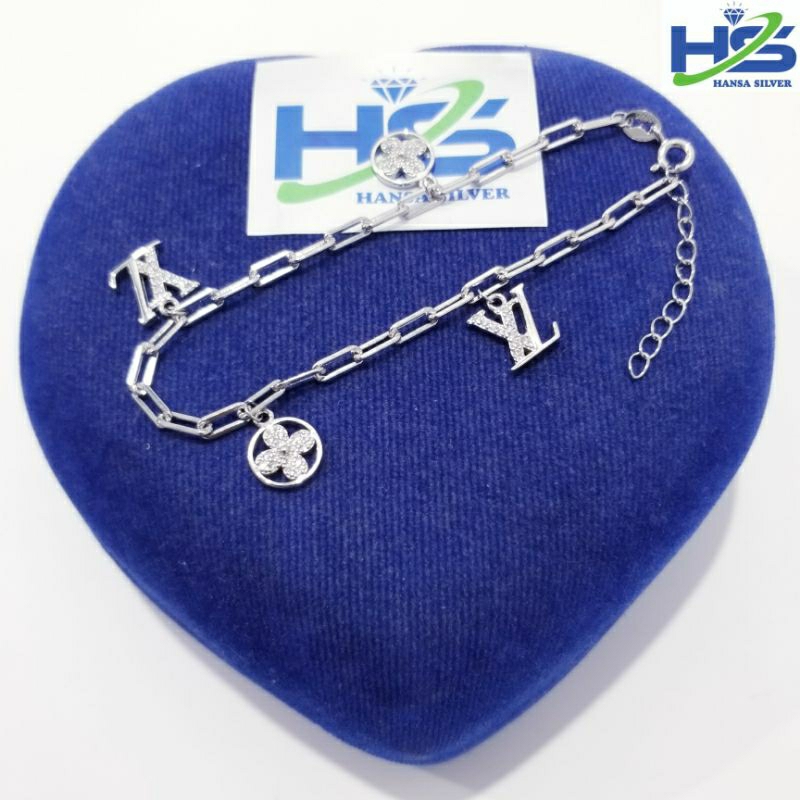 Gelang Perak Asli Silver 925 Lapis Emas Putih Model Rantai Nori Catena Gantungan Love Bulat Bunga - Gelang Perak Wanita Anti Karat