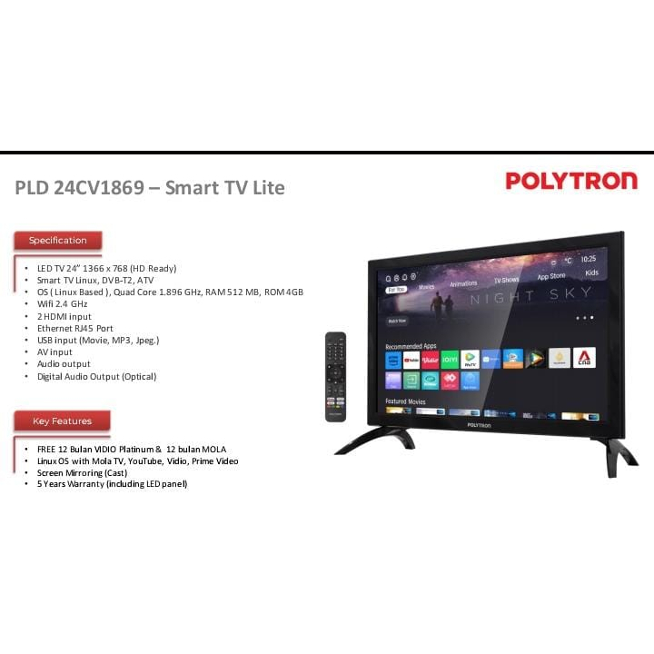 LED Smart TV Lite Polytron 24CV1869 24 Inch Garansi Resmi