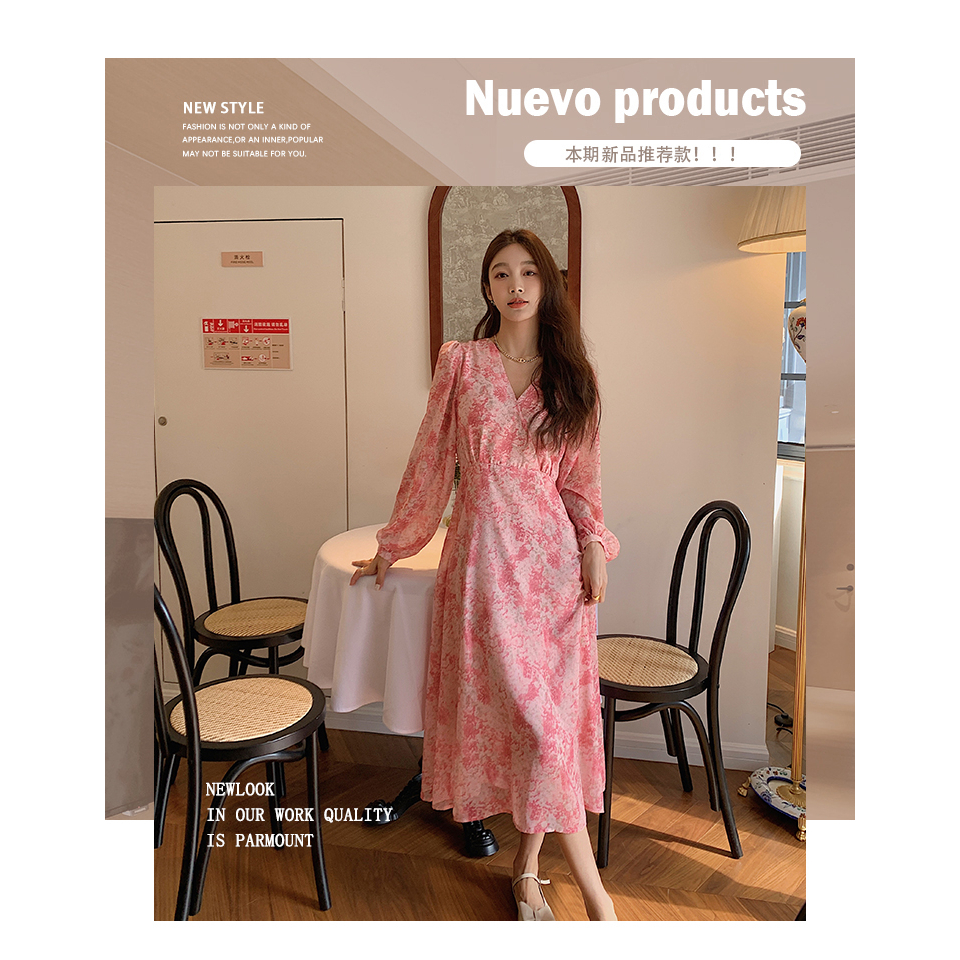 Dress panjang ramping V-Neck Floral Korea Lengan Panjang untuk wanita