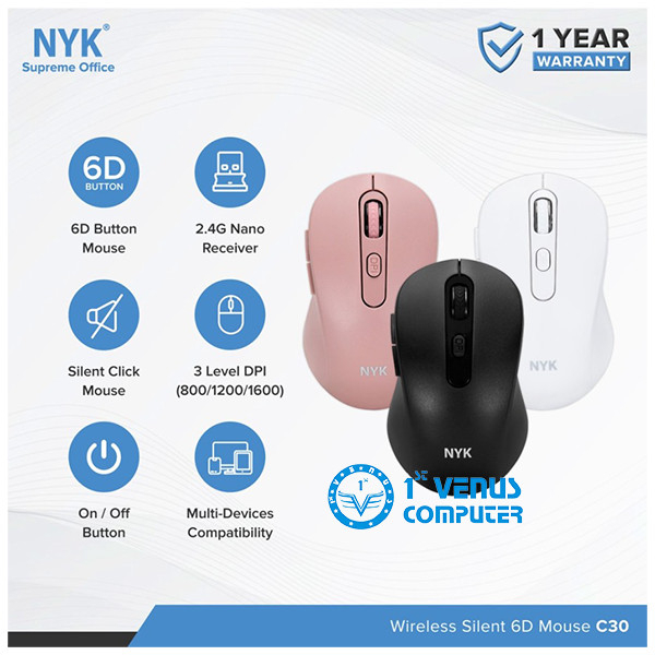 Mouse nyk supreme wireless 2.4ghz optical 1600dpi 6d silent on/off for pc laptop c-30 c30