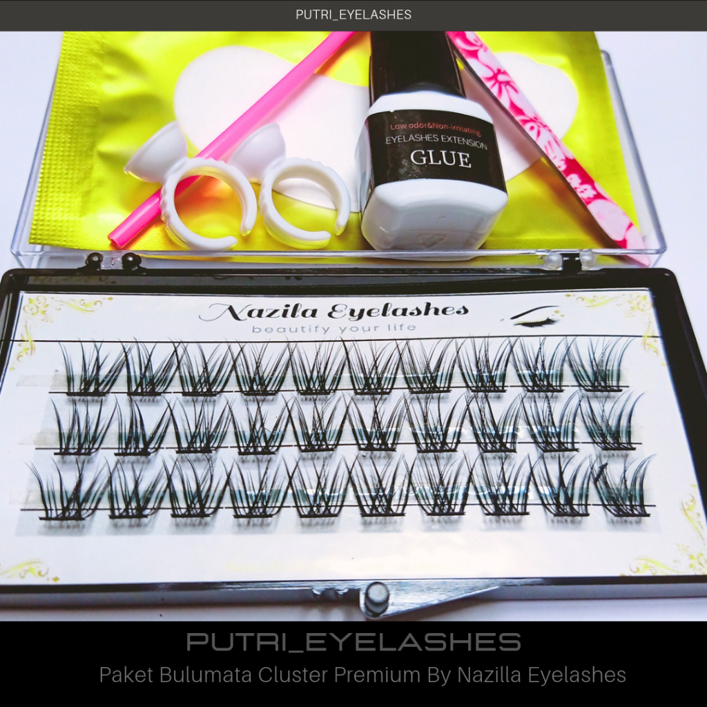 Paket Bulumata Cluster Premium By Nazilla Eyelashes - 2 Ring Glue - Sisir Bulumata - Pinset - Eye Gel Patches - Lem Glue