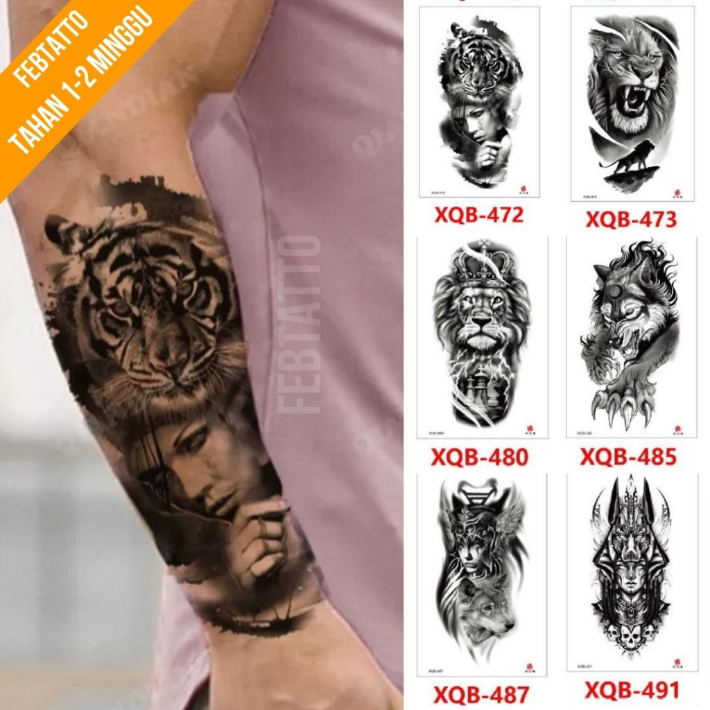 Tato Temporer Ukuran 21cmx11cm Tato Lengan Tato Dada Tato tangan Tato Kaki Tato Punggung Tato Jari  Motif Aesthetic Tatto Temporary Stiker Tato Halal Grosir Tato air motif perempuan, macan, perempuan, serigala XQB 472