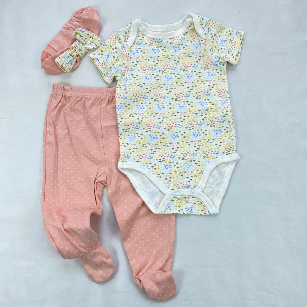 Baju bayi sleepwear piyama kupluk homewear jumpsuit set 3in1 0-9 bulan bungkus kaki celemek import