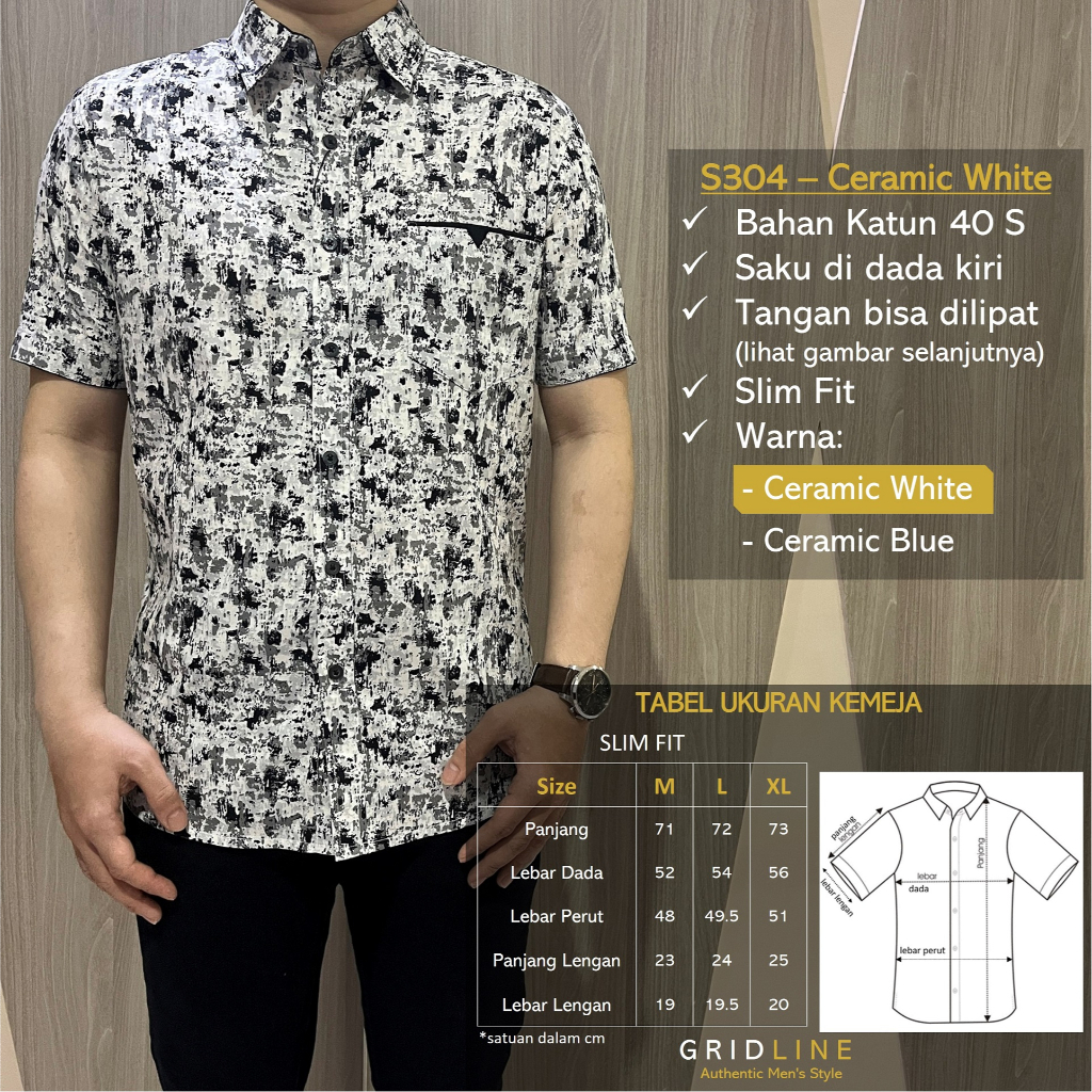 [GRIDLINE - S304 Ceramic White &amp; Blue - S103 Navy] Kemeja Slimfit Pria Katun Lengan Pendek Simple Premium M-XXL