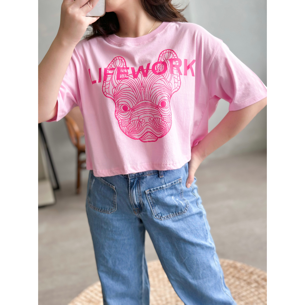 INFINITEE Kaos Croptop Wanita Lengan Pendek Warna Pink