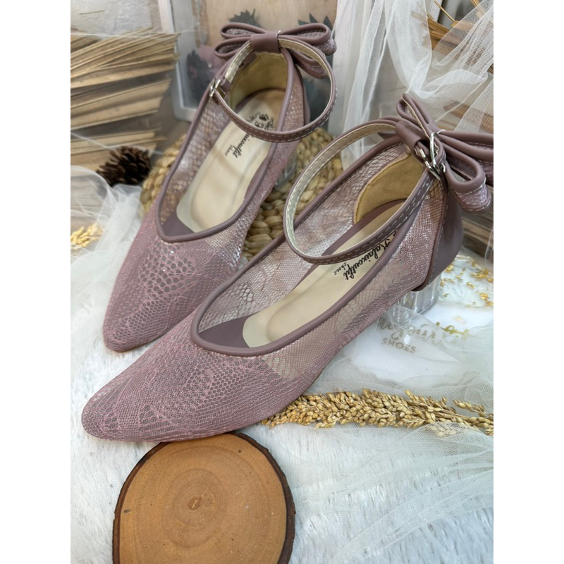 sepatu wanita Vilea mauve pita 5cm kaca