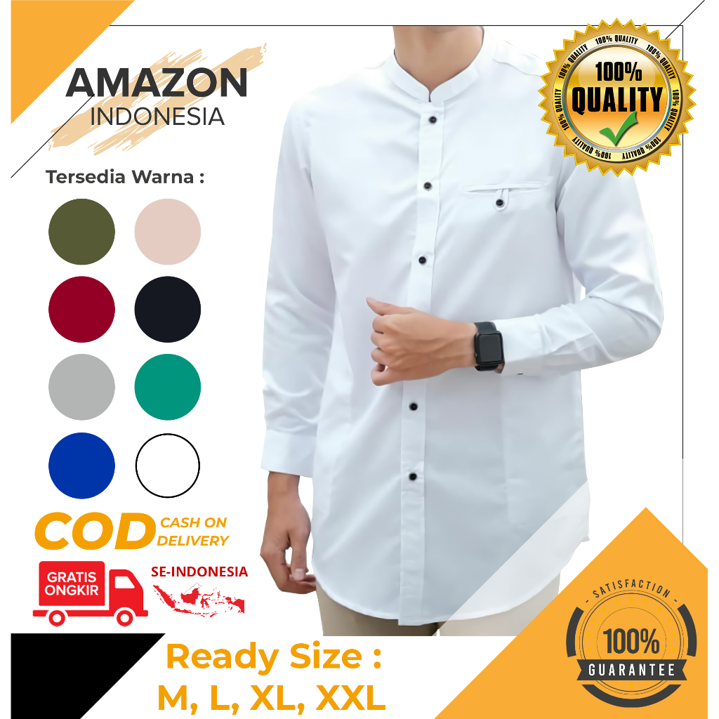 PAKAIAN PRIA MUSLIM BAJU KOKO WARNA WHITE PUTIH BAHAN TOYOBO ORIGINAL MODEL PANJANG STYLE CASUAL ORI