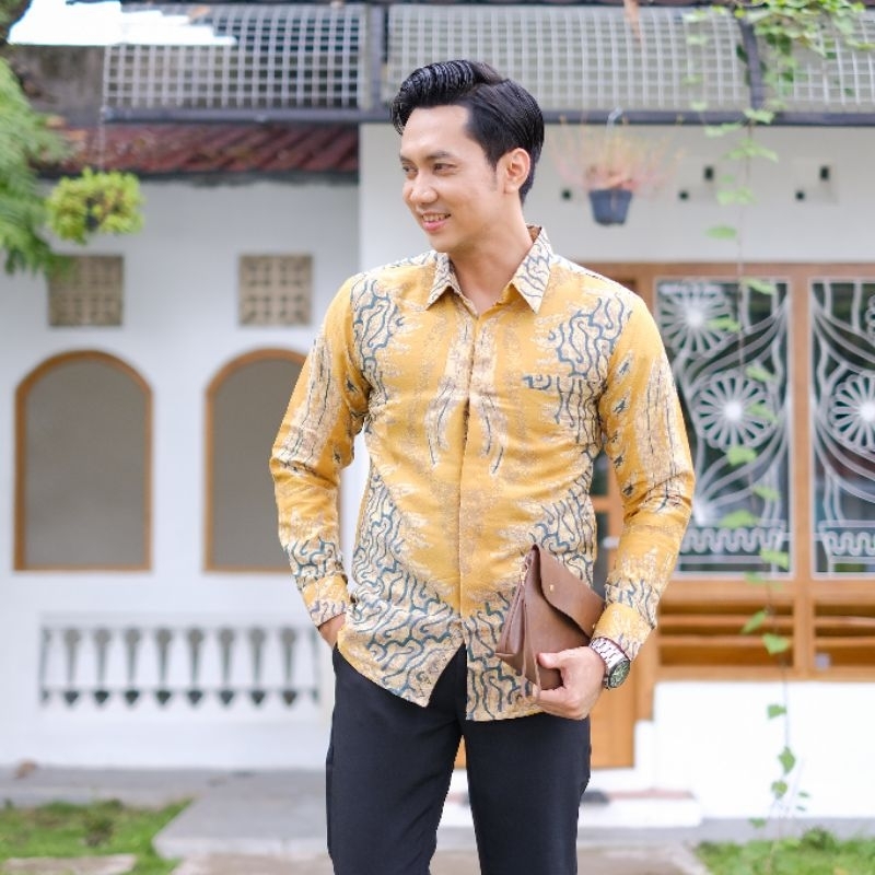 Kemeja Batik Pria Bahan Dobby Warna Kuning Eksklusif Kertojoyo New Terbaru Slimfit