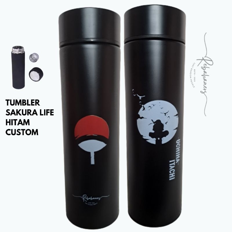 Tumbler Thermos life non-Led hitam polos | custom Uchiha Itachi Siluet