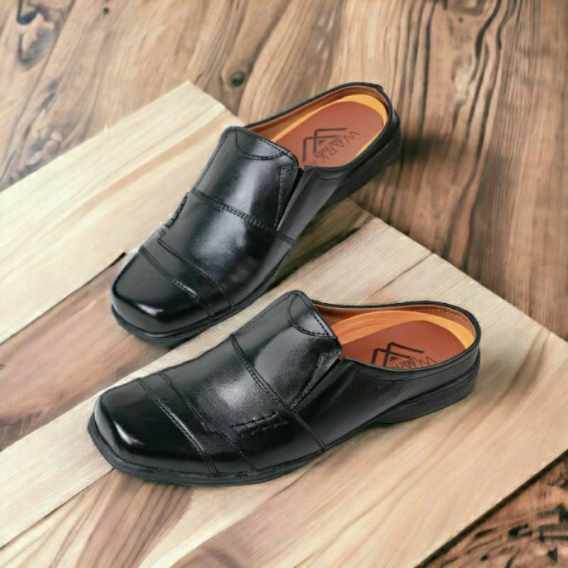 Sepatu Bustong Pria Kulit Asli Original Sepatu Sandal Selop Casual Formal Kerja Warna Hitam