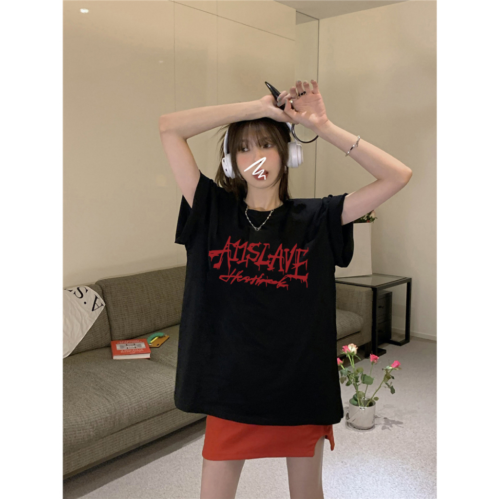 EUNII T-shirt Lengan Pendek Retro Red English Design Korean Style/Kaos Atasan Wanita/Baju Kaus Oversize Wanita/Kaos Wanita