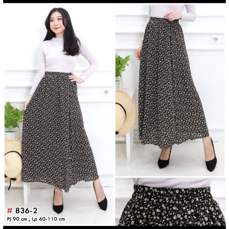 ROK PANJANG MOTIF BUNGA KECIL WARNA HITAM PINGGANG KARET KELILING BAHAN SIFON LAPIS FURING LINGKAR P