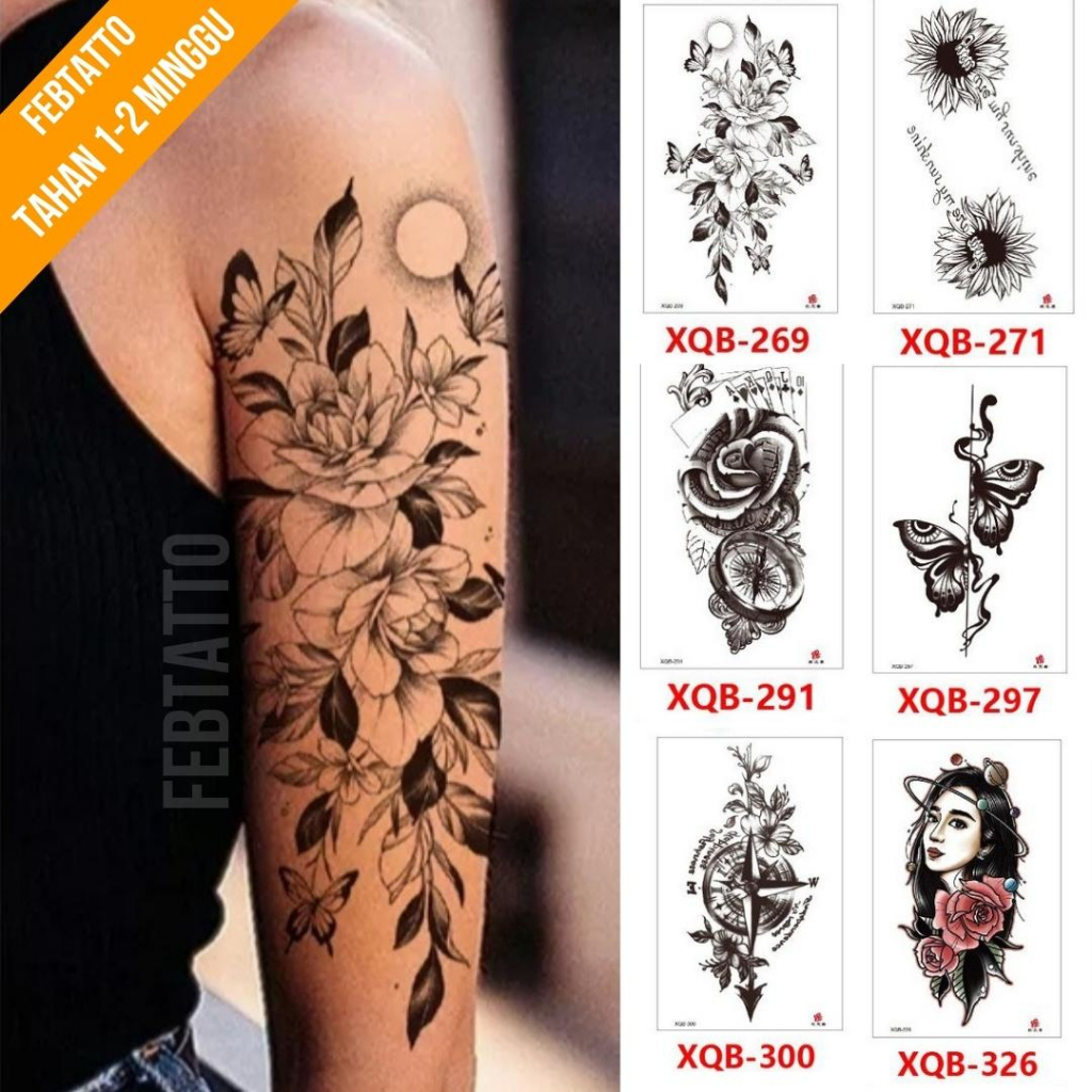 Tato Temporer Ukuran 21cmx11cm Tato Lengan Tato Dada Tato tangan Tato Kaki Tato Punggung Tato Jari  Motif Aesthetic Tatto Temporary Stiker Tato Halal Grosir Tato air motif bunga, kompas, kupu kupu, perempuan XQB 269